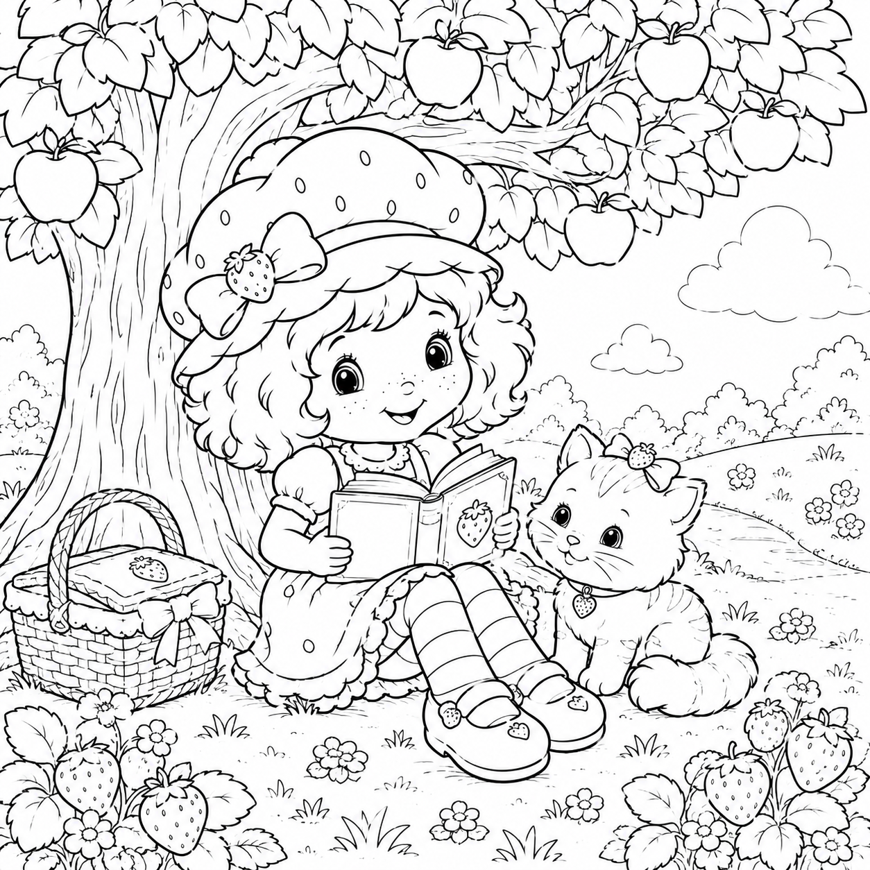 Strawberry Shortcake Reading Under a Tree coloring page cozy under apple tree with Custard